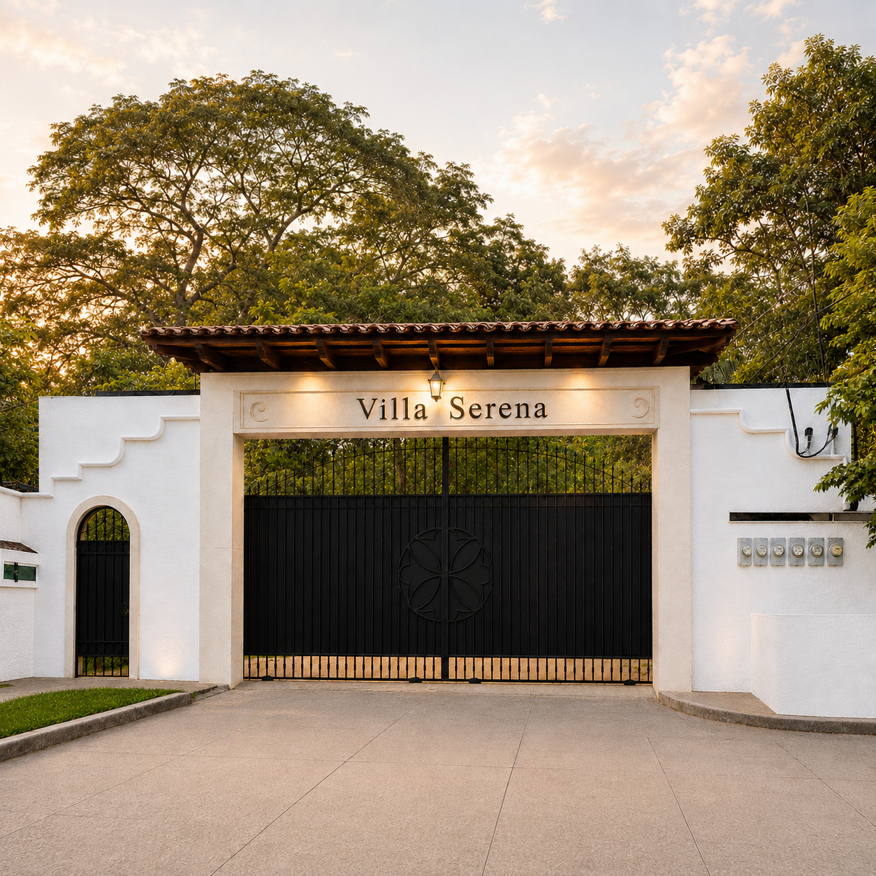 Portón principal de Villa Serena — render del proyecto
